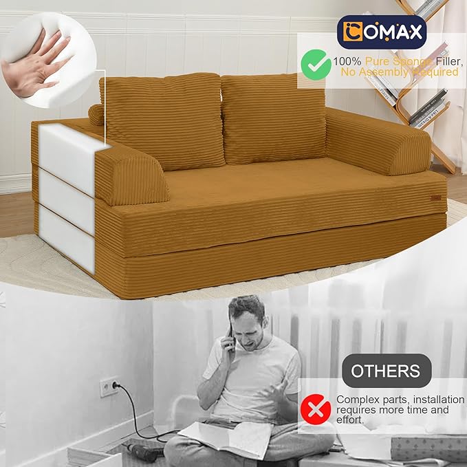 COMAX Futon Sofa Bed, Convertible Sofa Bed, Folding Boneless Couches | Boneless Couch for living room, 4‑in‑1 Fold Out Small Foldable Loveseat Floor Sleeper Mattress Lounge Space‑Saving