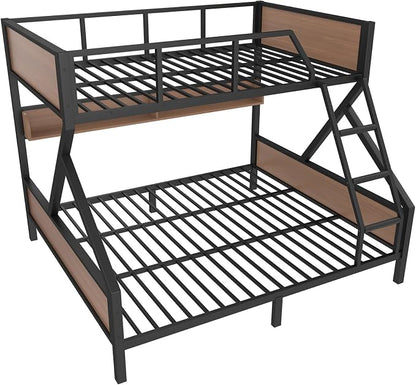 KEIKI Queen Over King Bunk Bed, Heavy Duty Metal Bunkbed with Storage Shelves, Lights, Bottom Space & Guardrail for Aldults Dorm Bedroom Guest Room, No Box Spring Needed, Noise-Free Design