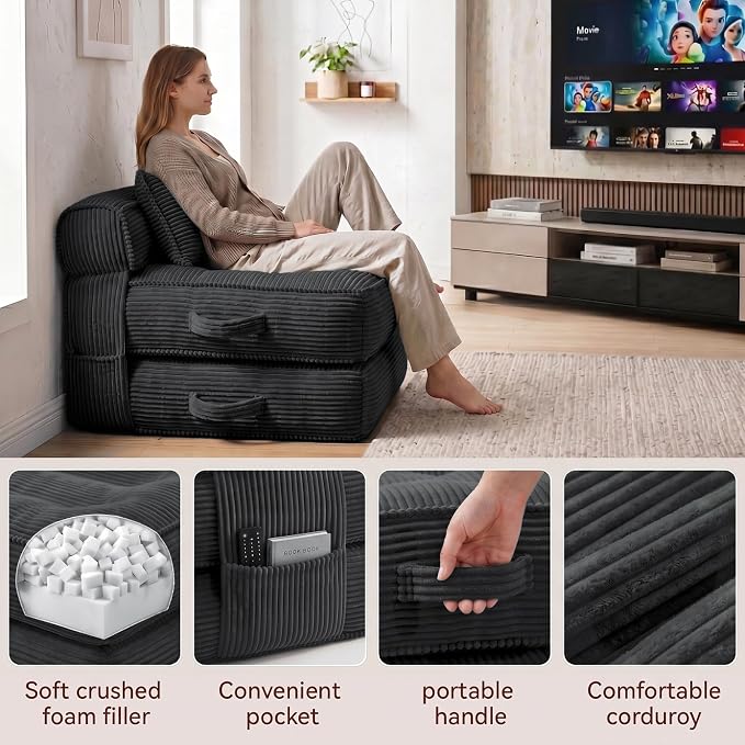 Folding Sofa Bed, Convertible Sleeper Chair with Pillow Foldable Mattress with Back Support, Portable Fold Out Chair Bed Comfy Floor Couch Lounge for Living Room Bedroom Apartment Single