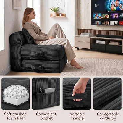 Folding Sofa Bed, Convertible Sleeper Chair with Pillow Foldable Mattress with Back Support, Portable Fold Out Chair Bed Comfy Floor Couch Lounge for Living Room Bedroom Apartment Single