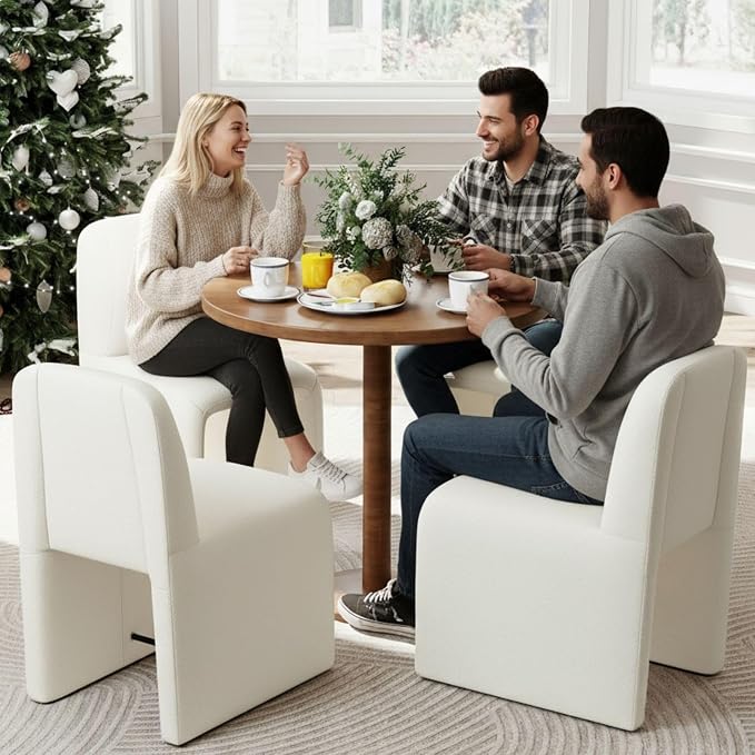 Hyfirm Upholstered Dining Chairs Set of 4, Modern Armless Desk Chair with Metal Footrest for Diningroom Bedroom Livingroom Reading Room,White Fabric