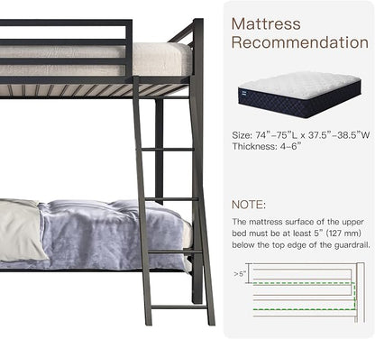 ikalido Metal Loft Bunk Bed Twin Over Twin Size with Ladder, Matte Black | Safety Guardrail,No Box Spring Needed, Space Saving Bedroom Furniture