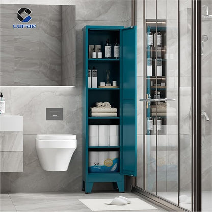COFaR 67'' Tall Narrow Bathroom Storage Cabinet, Metal Farmhouse Skinny Pantry Cabinet with 4 Adjustable Shelves and One Door, Slim Cabinet Storage for Kitchen Laundry, 5-Tier Peacock Blue