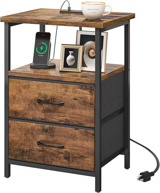 Fixwal Rustic Brown Night Stand with Charger Station, Nightstand with Charging Station & Fabric Drawers