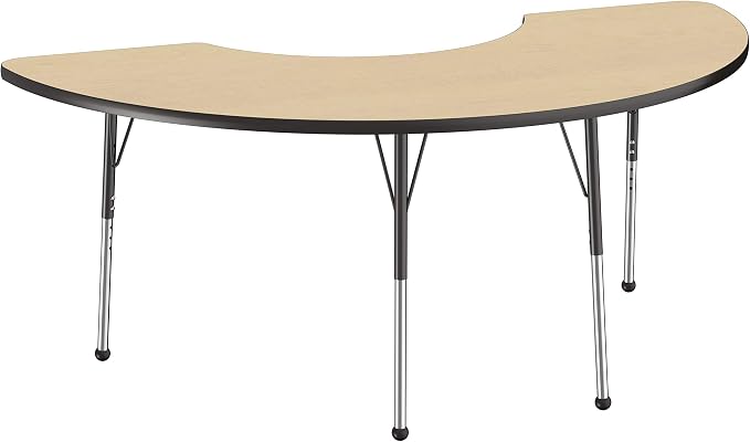 FDP Half Moon Activity School and Office Table (36 x 72 inch), Standard Legs with Ball Glides for Collaborative Seating Environments, Adjustable Height 19-30 inches - Maple Top and Black Edge