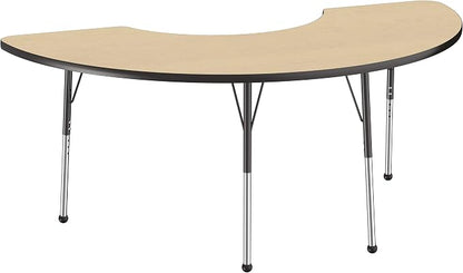 FDP Half Moon Activity School and Office Table (36 x 72 inch), Standard Legs with Ball Glides for Collaborative Seating Environments, Adjustable Height 19-30 inches - Maple Top and Black Edge