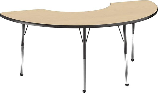 FDP Half Moon Activity School and Office Table (36 x 72 inch), Standard Legs with Ball Glides for Collaborative Seating Environments, Adjustable Height 19-30 inches - Maple Top and Black Edge