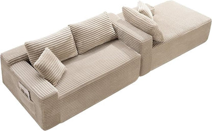 105-Inch L-Shaped Right Facing Corner Compressed Sofa Modular Sectional Boneless Cloud Sofa Floor Foam Couch with Chaise Lounge, Corduroy Corner Boneless Cloud Couch