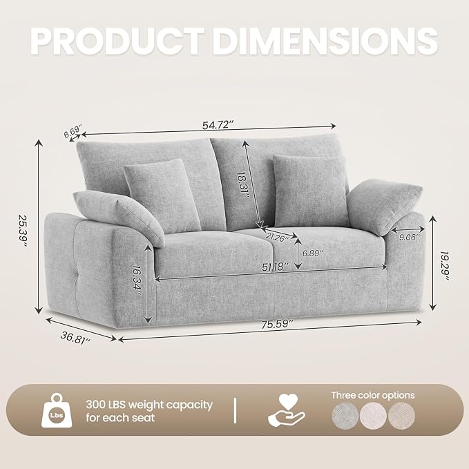 75.6" Modern Loveseat Sofa for Living Room, Cloud Boneless Couches with 4 Pillows, Mid Century Loveseat couches for Small Place, No Assembly Required, Light Grey