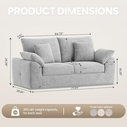75.6" Modern Loveseat Sofa for Living Room, Cloud Boneless Couches with 4 Pillows, Mid Century Loveseat couches for Small Place, No Assembly Required, Light Grey