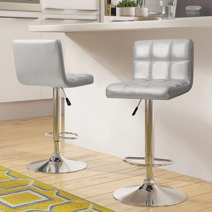 Furniwell Bar Stools Modern Pu Leather Swivel Adjustable Barstools Armless Counter Height Swivel Bar Stool Synthetic Leather Height Square Barstool with Set of 2(Silver)