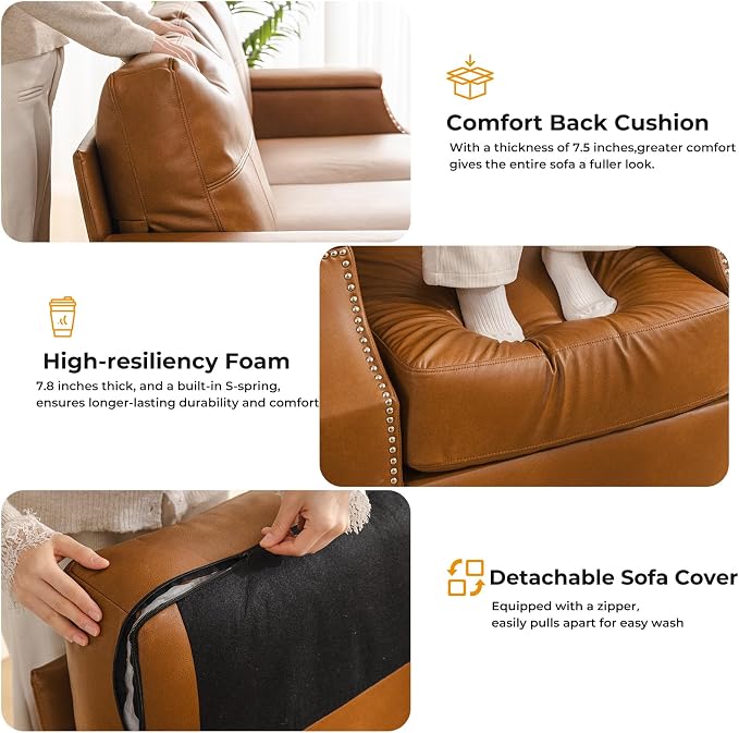 85'' Faux Leather Couch with Armrest Organizer,Sectional Sofa with Storage Movable Ottoman,Solid Wooden Frame,Thick Cushion,3 Seater L Shaped Couches for Living Room,Apartment,Home Furniture,Brown