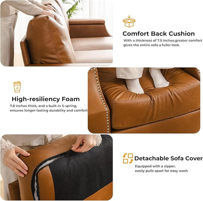 85'' Faux Leather Couch with Armrest Organizer,Sectional Sofa with Storage Movable Ottoman,Solid Wooden Frame,Thick Cushion,3 Seater L Shaped Couches for Living Room,Apartment,Home Furniture,Brown
