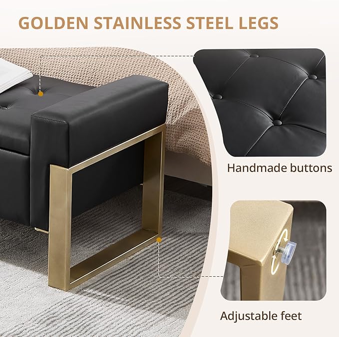 67'' End of Bed Storage Bench, Storage Ottoman Bench for Bedroom King Size, Modern Faux Leather Benches for Foot of Bed with Gold Legs for Window Living Room Entryway, Black
