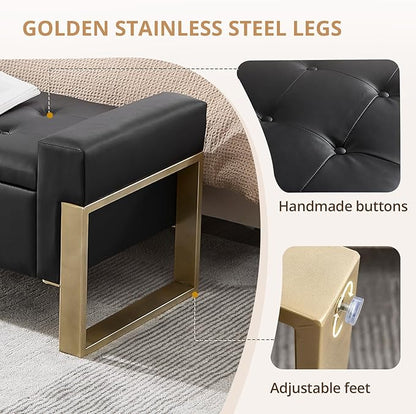 67'' End of Bed Storage Bench, Storage Ottoman Bench for Bedroom King Size, Modern Faux Leather Benches for Foot of Bed with Gold Legs for Window Living Room Entryway, Black
