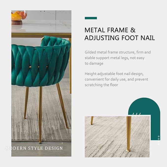 Velvet Dining Chairs Set of 2, Modern Dining Chair with Golden Metal Legs, Woven Upholstered Dining Chairs for Dining Room, Kitchen, Vanity, Living Room (Green)