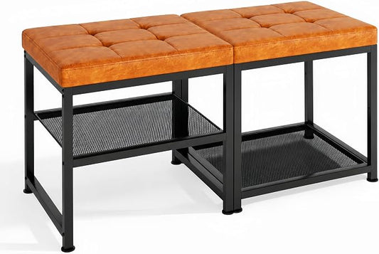DreamDashio Set of 2 Small Shoe Storage Benches with PU Leather Cushion, 3-Tier Shoe Rack Organizer for Entryway, Metal Mesh Shelves, Holds Up to 300 lbs, Brown (31.5"x11.4"x17.5")