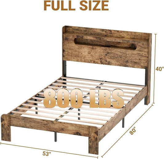 Zevemomo Full Size Bed Frame Wood, Full Bed Frame with LED Lights, Charging Station with 2 USB Ports & 2 AC Outlets, Sturdy Wood Framework, Noiseless, Rustic Brown (Arc Edge Rectangular Slot)