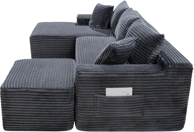 95-Inch U-Shaped Left Facing Corner Compressed Sofa Modular Sectional Boneless Cloud Sofa Floor Foam Couch W/Chaise Lounge & Ottoman, Corduroy Corner Boneless Cloud Couch