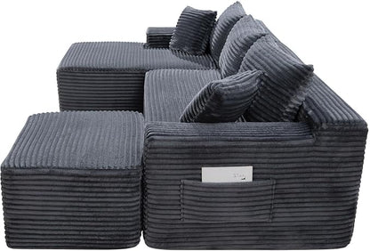 95-Inch U-Shaped Left Facing Corner Compressed Sofa Modular Sectional Boneless Cloud Sofa Floor Foam Couch W/Chaise Lounge & Ottoman, Corduroy Corner Boneless Cloud Couch