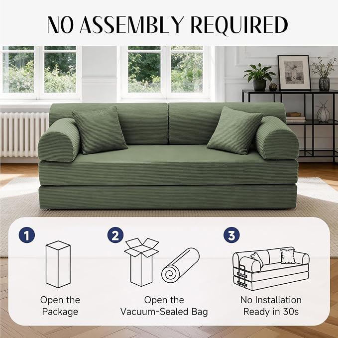 79'' Convertible Sofa Bed, 6 in 1 Folding Floor Futon Couch Sleeper with Fixed Frame, Corduroy Modular Sofa Bed with Removable Armrests & Pillows, No Assembly for Living Room Bedroom (Light Green)