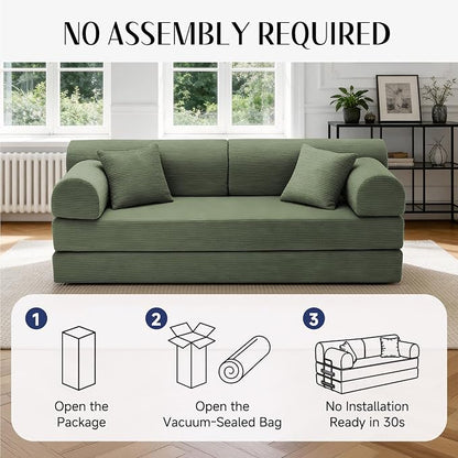 79'' Convertible Sofa Bed, 6 in 1 Folding Floor Futon Couch Sleeper with Fixed Frame, Corduroy Modular Sofa Bed with Removable Armrests & Pillows, No Assembly for Living Room Bedroom (Light Green)