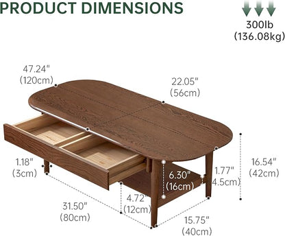 100% Solid Oak Wood Coffee Table for Living Room, 2-Tier Mid-Century Modern Table with 2 Drawers & Open Shelf, Living Room Table with Rounded Corner for Home (Oak Walnut Finish, 47.24'' W)