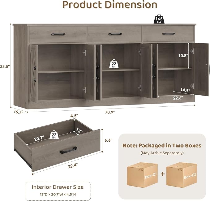 HOSTACK 71" Large Sideboard Buffet Cabinet with Storage, Farmhouse Coffee Bar Cabinet with 3 Drawers, Long Kitchen Buffet Table, Kitchen Sideboard Storage Cabinet for Dining Room, Living Room, Grey