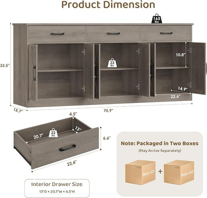 HOSTACK 71" Large Sideboard Buffet Cabinet with Storage, Farmhouse Coffee Bar Cabinet with 3 Drawers, Long Kitchen Buffet Table, Kitchen Sideboard Storage Cabinet for Dining Room, Living Room, Grey