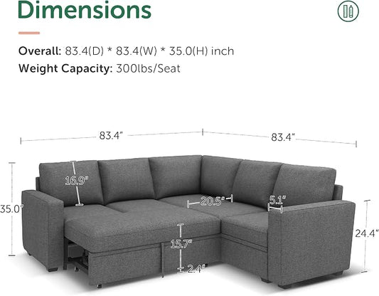 HONBAY Sectional Sleeper Sofa with Pull Out Bed, L Shaped Couch with Storage Seat, Modular Sectional Couches for Living Room, Dark Grey