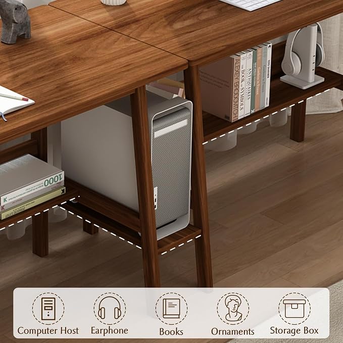 NELYE 2-Person Writing Desk with Bookshelf - 110" Wooden Extra Long Home Office Work Table, Double Study Computer Workstation with Storage Shelves in Walnut, 110" W x 24" D