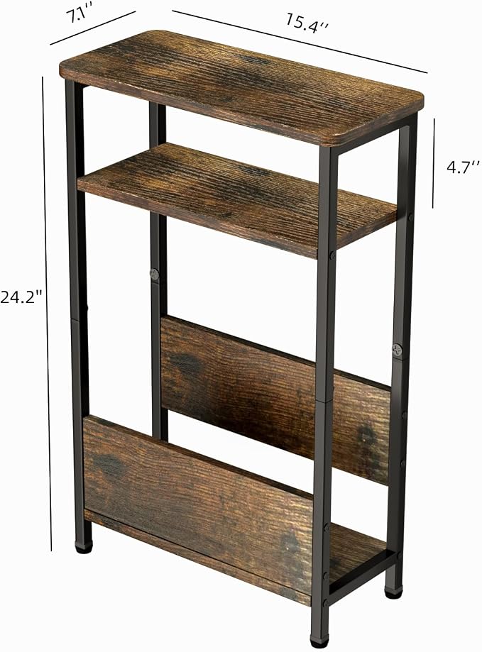 THUMEYE 7.1" Narrow Side Table for Small Spaces, 3 Tier Small End Table with Magazine Holder, Slim/Skinny Nightstand/Bedside Table for Living Room, Bedroom, 15.4" L x 24.2" H