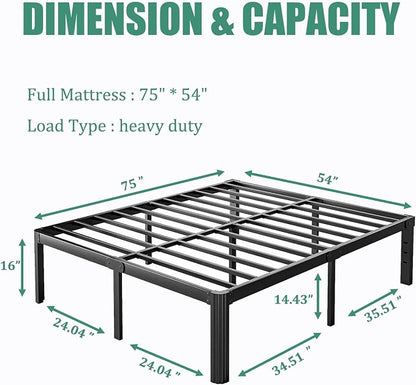 16 Inch High Full Size Bed Frame No Box Spring Needed, Platform Metal Bed Frame Full Size, Noise Free, Easy Assembly, Heavy Duty, Black