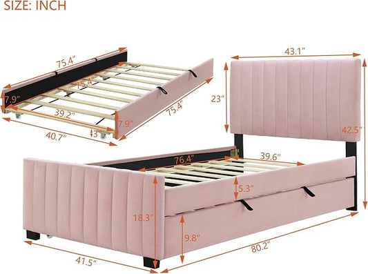 Twin Size Bed Frame with Trundle Bed,Velvet Upholstered Bed Frame,Twin Size Trundle Bed with Headboard,Upholstered Platform Bed Twin for Kids Teens Adults(Pink)
