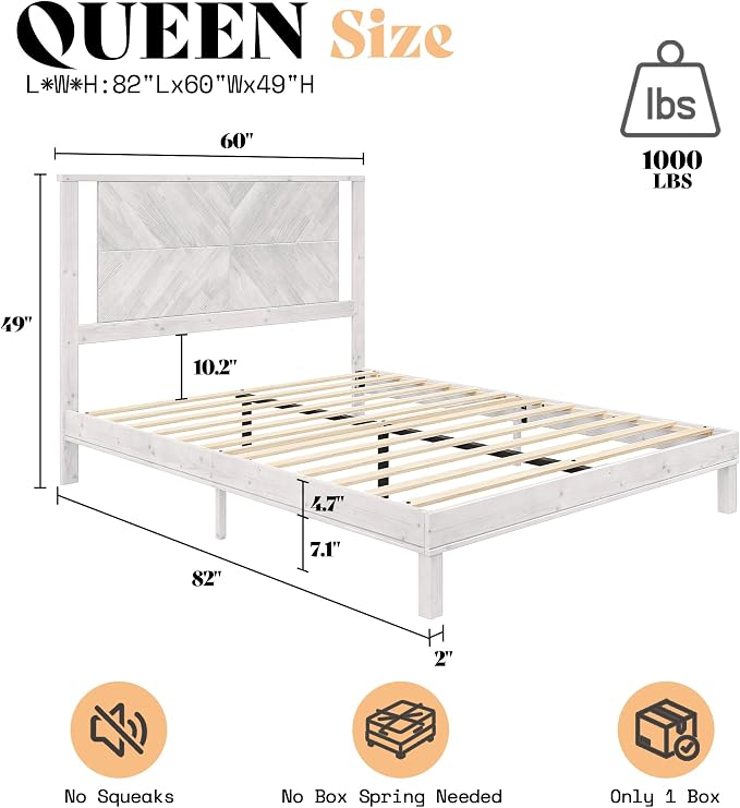AMERLIFE Solid Wood Queen Size Bed Frame with Headboard, Rustic Style Platform Bed Frame with Under-Bed Storage, No Box Spring Needed, Noise Free, Easy Assembly, Antique White