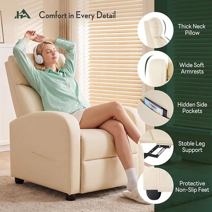 Recliner Chair, Recliner Sofa Fabric for Adults, Recliners Home Theater Seating with Lumbar Support, Reclining Sofa Chair for Living Room, Beige