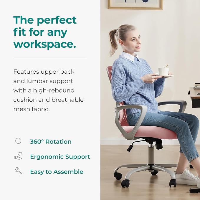 OLIXIS Home Office Chair, Mid Back Computer Ergonomic Mesh Desk with Large Seat, Executive Height Adjustable Swivel Task with Lumbar Support and Armrest, for Adults, Pink