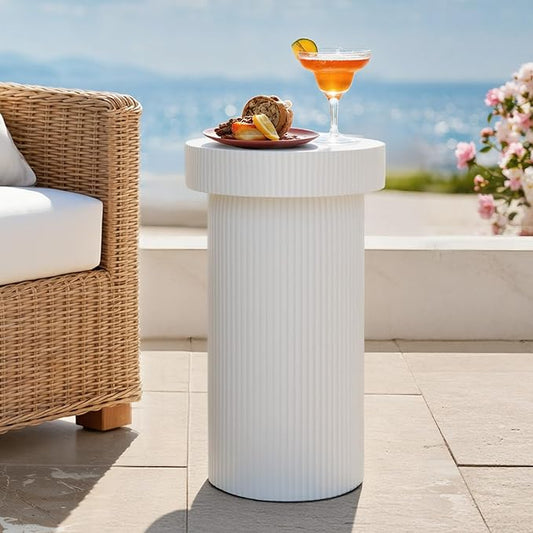 24" Pedestal Side Table, Round Fluted 3-in-1 Coffee Accent Table | Durable Lightweight Round Table, Decorative Patio Outdoor GardenStool Art for Poolside, Balcony, Living room.