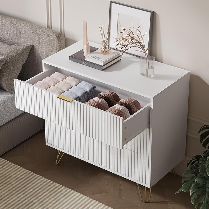 MAISONARIA 3-Piece Dresser Bedroom Set, 8 Drawer Dresser & 3 Drawer Nightstands with Gold Handles, Fluted Wood Chest of Drawers for Bedroom, Living Room, Entryway, White