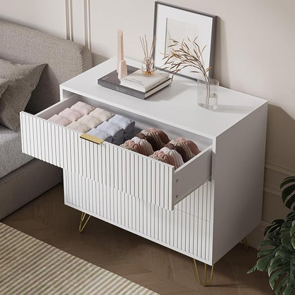 MAISONARIA 3-Piece Dresser Bedroom Set, 8 Drawer Dresser & 3 Drawer Nightstands with Gold Handles, Fluted Wood Chest of Drawers for Bedroom, Living Room, Entryway, White