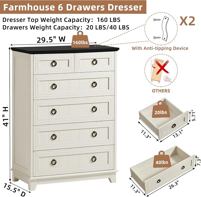 Joaxswe Farmhouse 6 Drawer Dresser for Bedroom, 41" Tall Small Dressers & Chest of Drawers, Rustic Wood Dresser with Metal Handle, Storage Organizer Closet for Living Room, Hallway, Entryway