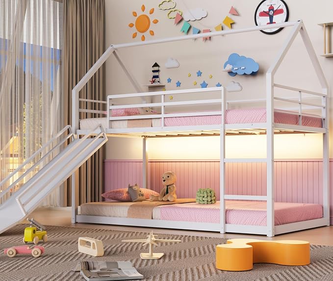 Twin Over Twin Bunk Bed with Slide 40° Gentle-Slope & LED Light, House-Shaped Low Bunk Bed Twin Size with 13.4" Extra-Tall Guardrail & Ladder, Heavy Duty, No Box Spring Needed, Easy Assembly, White