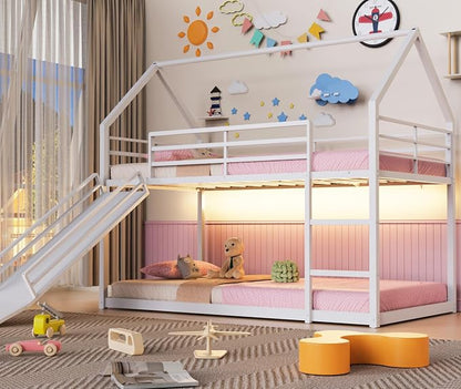 Twin Over Twin Bunk Bed with Slide 40° Gentle-Slope & LED Light, House-Shaped Low Bunk Bed Twin Size with 13.4" Extra-Tall Guardrail & Ladder, Heavy Duty, No Box Spring Needed, Easy Assembly, White