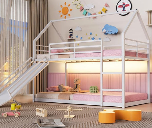 Twin Over Twin Bunk Bed with Slide 40° Gentle-Slope & LED Light, House-Shaped Low Bunk Bed Twin Size with 13.4" Extra-Tall Guardrail & Ladder, Heavy Duty, No Box Spring Needed, Easy Assembly, White