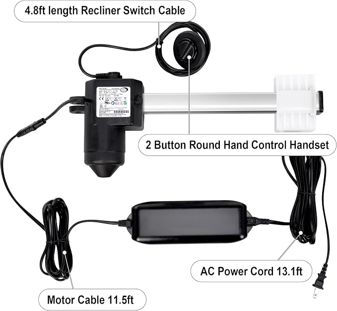 Fromann Limoss 451011 Motor (MD140-02-L1-157-204) Actuator Replacement Kit with Power Supply, Cables and Switch Control for Recliner Sofa Chair