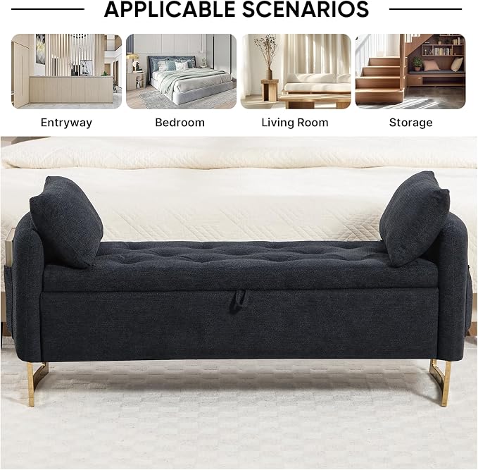 48" End of Bed Bench, Modern Storage Benches with Button-Tufted, Chenille Upholstered Storage Ottoman Bench for Foot of Bed with Arms, Gold Legs Window and Entryway, Black