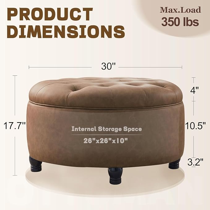 30-Inch Round Storage Ottoman, Button Tufted Ottoman Coffee Table with Removable Top for Living Room, Bedroom, Office (Cognac Tan)