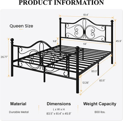 SHA CERLIN Queen Size Bed Frame and Headboard,Metal Bed Frame with Butterfly Pattern Design Headboard & Footboard,No Box Spring Needed,Easy Assembly,Black