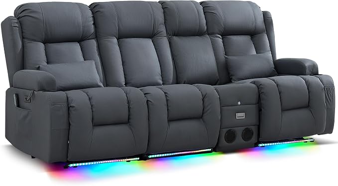 URRED Power Loveseat Recliner Sofa with Massage and Heat, Wall Hugger Reclining Loveseat with Console, RV Couch Home Theater Seating with LED Lights for Living Room (Blue Grey, 89.8" - 3 Seats)