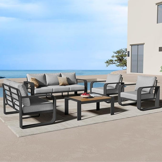 Oversized Aluminum Outdoor Furniture Set, Extra Large Patio Furniture Sofa Set 4.8” Widened Armrest & Ultra-Thick Cushions, 5 Pcs Modern Patio Sectional for Backyard, Porch, Gray